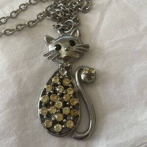 Silver Cat Pendant Necklace with Yellow Accents